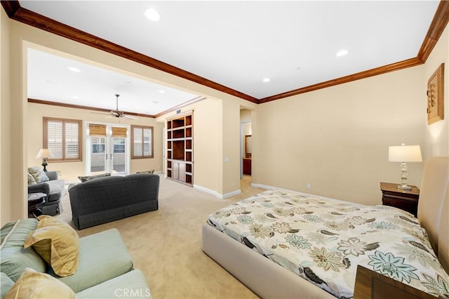 bedroom featuring light carpet, ornamental molding, recessed lighting, french doors, and baseboards