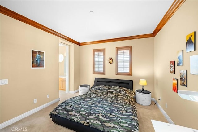 bedroom featuring crown molding, carpet flooring, and baseboards