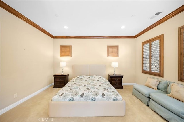 bedroom featuring light carpet, visible vents, and baseboards