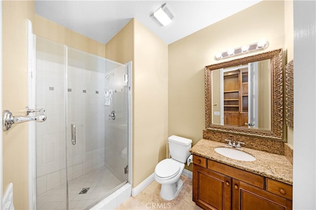 bathroom featuring visible vents, a shower stall, toilet, tile patterned floors, and vanity