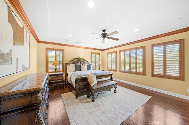 bedroom with multiple windows, crown molding, baseboards, and dark wood-style flooring