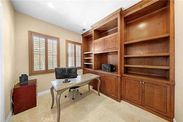 office with visible vents, recessed lighting, and baseboards