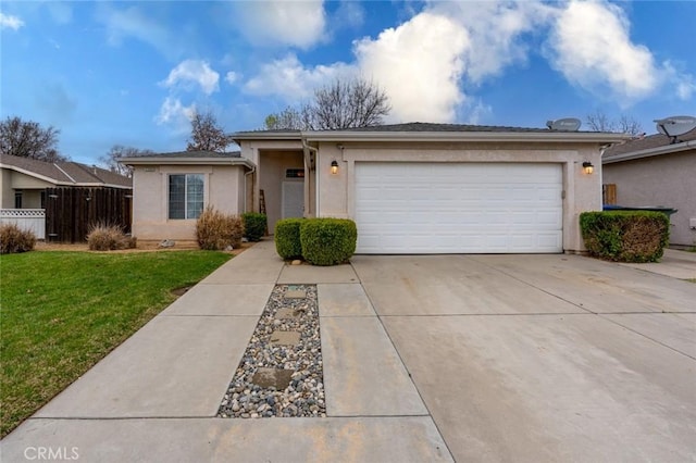 single story home featuring driveway, a garage, a front lawn, and stucco siding