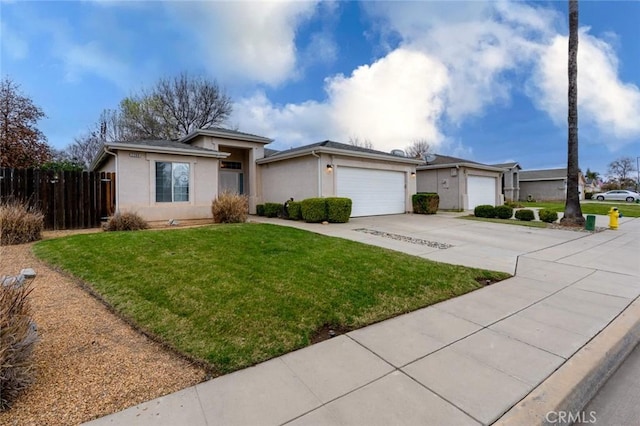 ranch-style home featuring concrete driveway, stucco siding, an attached garage, fence, and a front yard