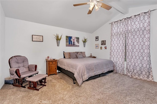 carpeted bedroom with lofted ceiling with beams and a ceiling fan