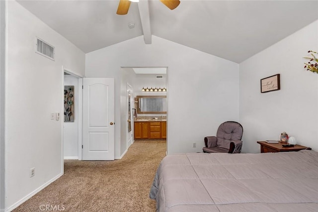 bedroom featuring light colored carpet, visible vents, lofted ceiling with beams, ensuite bathroom, and baseboards