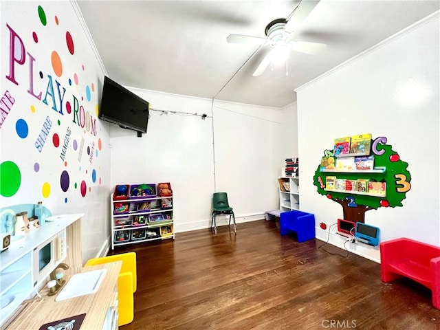 250 N Alvarado St Unit 3/4, Los Angeles, CA 90026 - game room with wood finished floors, a ceiling fan, and crown molding