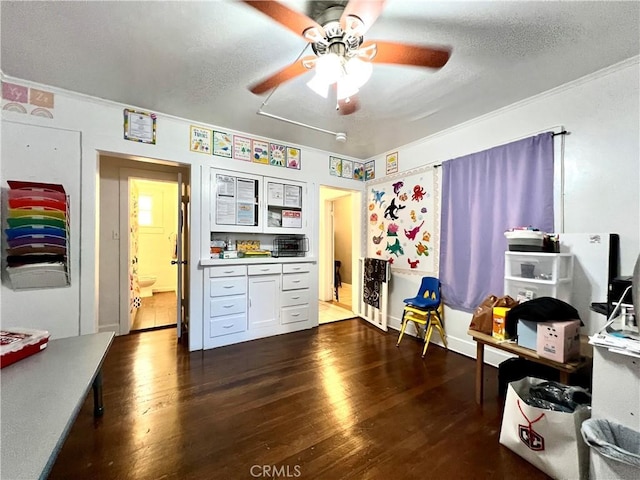 250 N Alvarado St Unit 3/4, Los Angeles, CA 90026 - office area featuring a ceiling fan, hardwood / wood-style floors, a textured ceiling, and crown molding