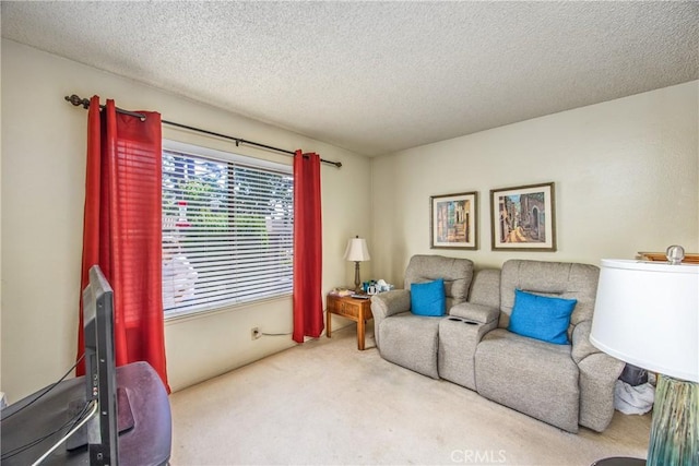 living area featuring carpet floors and a textured ceiling