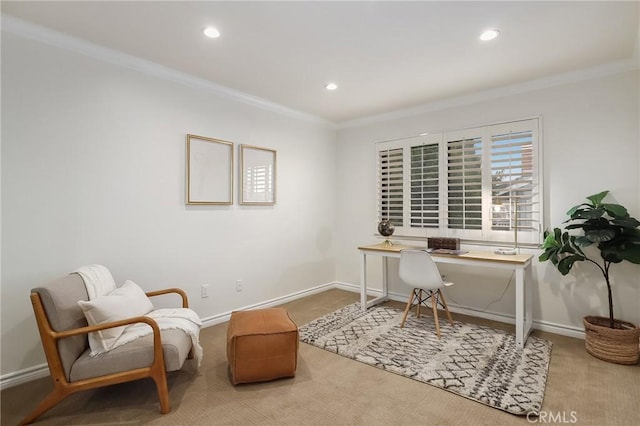 home office featuring carpet, baseboards, ornamental molding, and recessed lighting