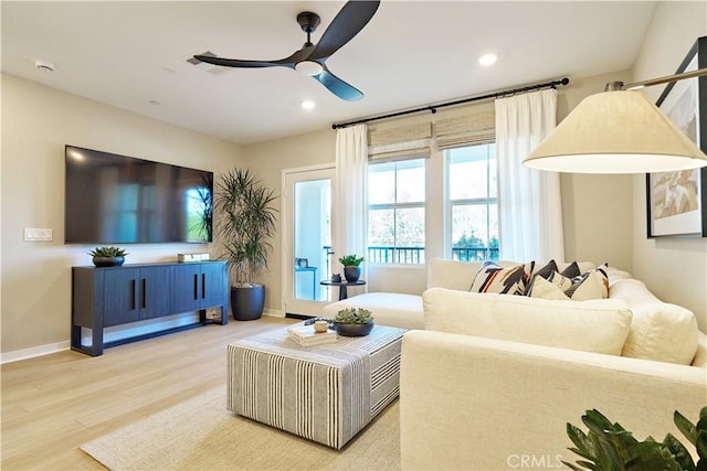 9831 La Serna Dr Unit 3, Whittier, CA 90605 - living room featuring recessed lighting, wood finished floors, a ceiling fan, and baseboards