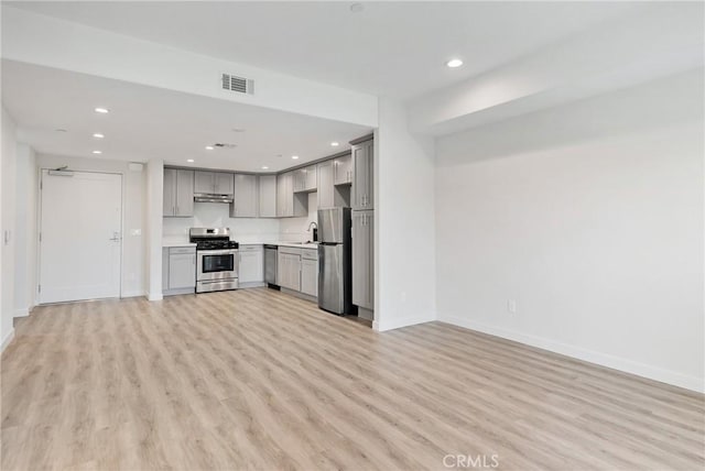 kitchen with stainless steel appliances, gray cabinets, visible vents, open floor plan, and light wood-type flooring