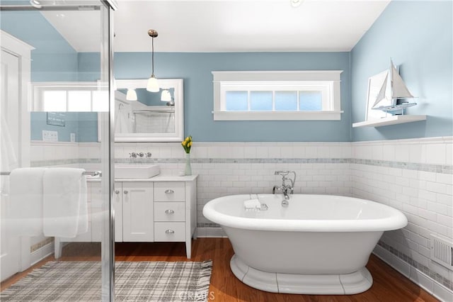 full bath featuring a healthy amount of sunlight, a freestanding tub, a wainscoted wall, and vanity