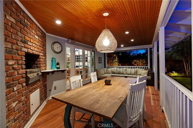 interior space featuring ornamental molding, recessed lighting, wooden ceiling, and wood finished floors