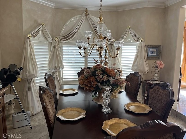 dining room featuring an inviting chandelier, light tile patterned floors, and crown molding