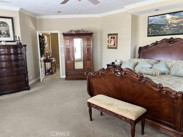 bedroom featuring crown molding, light colored carpet, visible vents, a ceiling fan, and baseboards