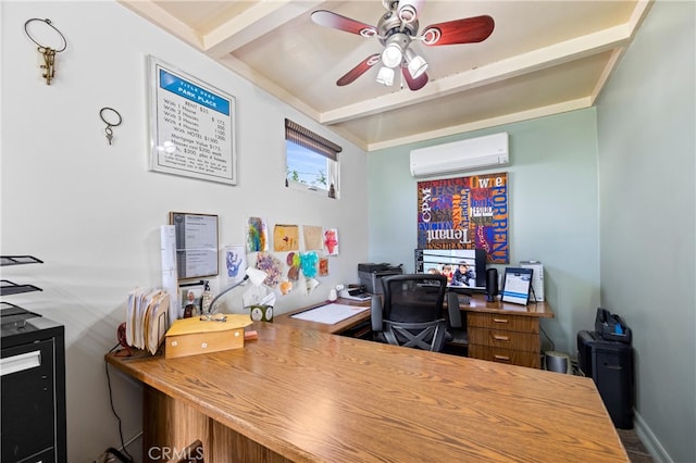 office space with ceiling fan, an AC wall unit, and beam ceiling