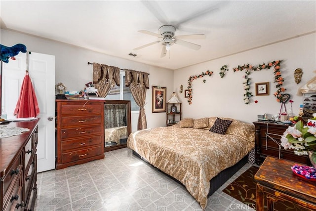 bedroom featuring a ceiling fan and visible vents