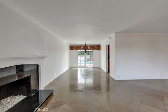 unfurnished living room featuring a notable chandelier, crown molding, a high end fireplace, and baseboards