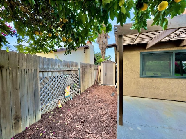 view of yard featuring a storage shed, a patio area, an outbuilding, and fence