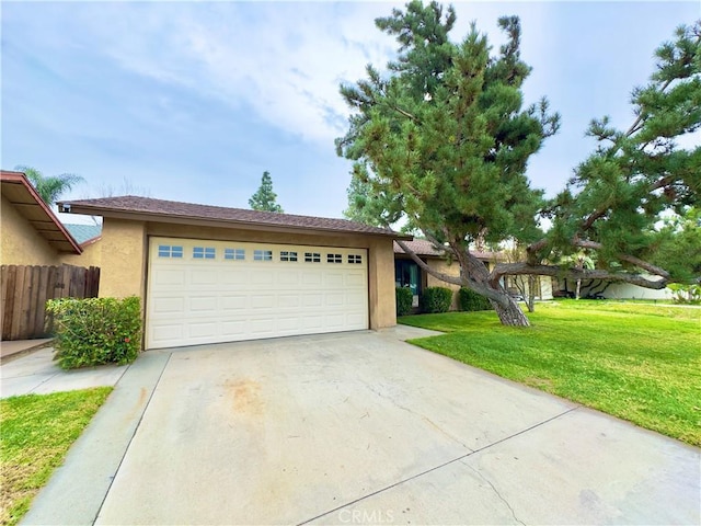 ranch-style home with a garage, concrete driveway, stucco siding, fence, and a front yard