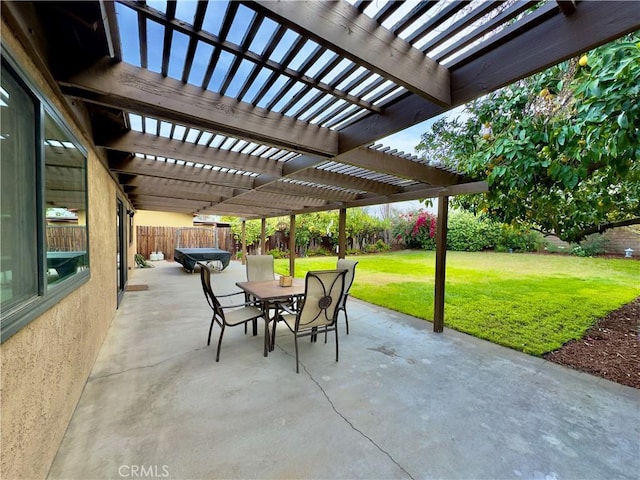 view of patio / terrace featuring outdoor dining area, a fenced backyard, and a pergola