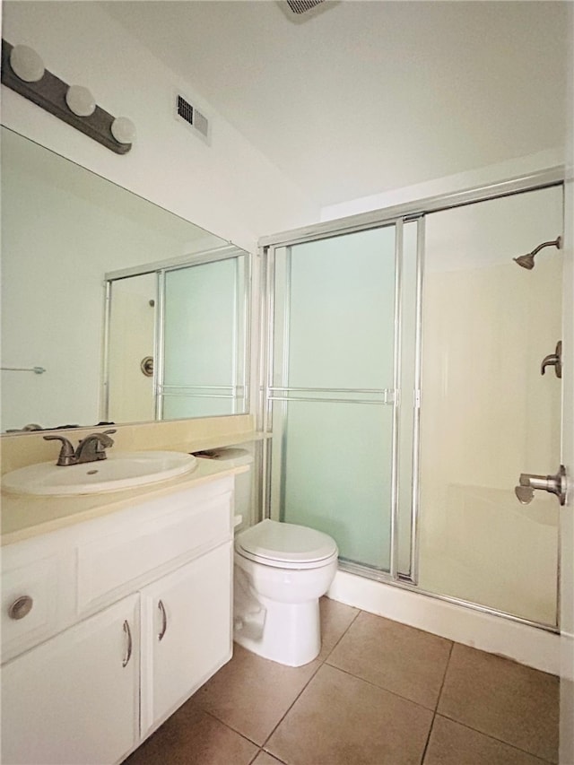 full bath with visible vents, toilet, a stall shower, vanity, and tile patterned flooring