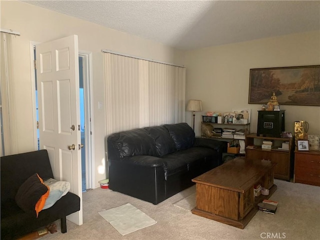 living area featuring light carpet and a textured ceiling