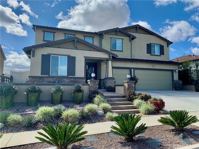 craftsman house featuring stucco siding, concrete driveway, fence, a garage, and stone siding