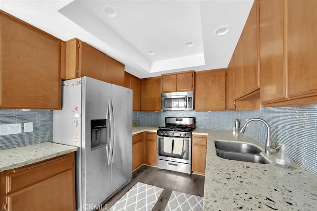 kitchen featuring stainless steel appliances, a sink, backsplash, dark wood-style floors, and a tray ceiling