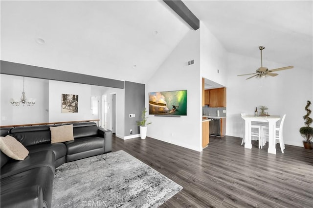 living room with visible vents, beamed ceiling, dark wood-style flooring, high vaulted ceiling, and ceiling fan with notable chandelier