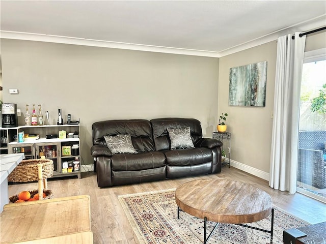 living area featuring wood finished floors, baseboards, and ornamental molding