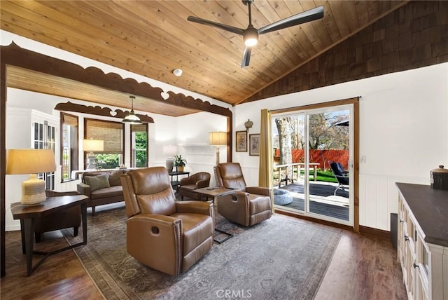 24891 Tehama Vina, Los Molinos, CA 96055 - sitting room with wooden ceiling, a wainscoted wall, vaulted ceiling, and dark wood-style flooring