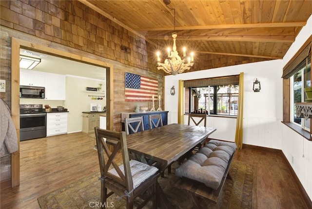 24891 Tehama Vina, Los Molinos, CA 96055 - dining space featuring lofted ceiling with beams, a wainscoted wall, wood ceiling, wood finished floors, and an inviting chandelier