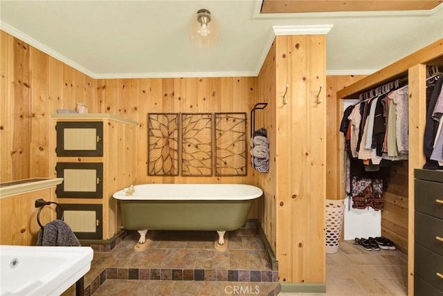 24891 Tehama Vina, Los Molinos, CA 96055 - full bath featuring ornamental molding, a freestanding bath, and wooden walls