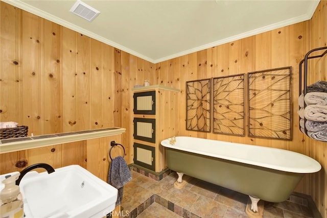 24891 Tehama Vina, Los Molinos, CA 96055 - full bath with wood walls, a soaking tub, a sink, and visible vents