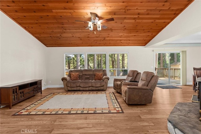 living room with lofted ceiling, ceiling fan, wooden ceiling, wood finished floors, and baseboards