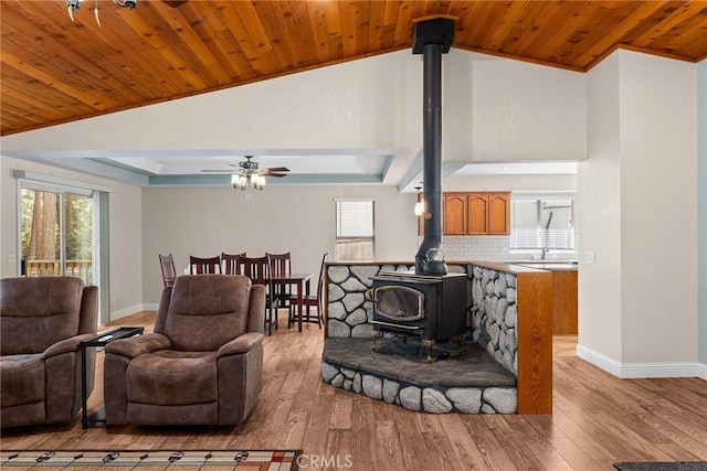 living area with wooden ceiling, a wood stove, and a healthy amount of sunlight