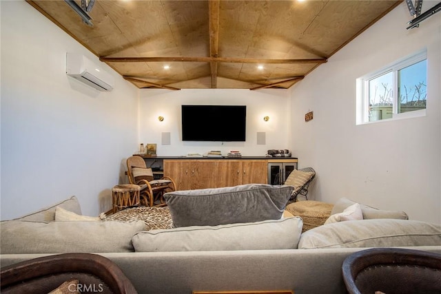 7716 Sunset Rd, Joshua Tree, CA 92252 - living room with lofted ceiling with beams, wood ceiling, wine cooler, and a wall mounted AC