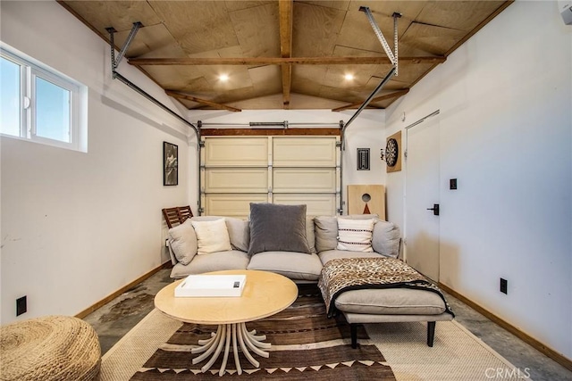 7716 Sunset Rd, Joshua Tree, CA 92252 - interior space featuring vaulted ceiling with beams, baseboards, and a garage