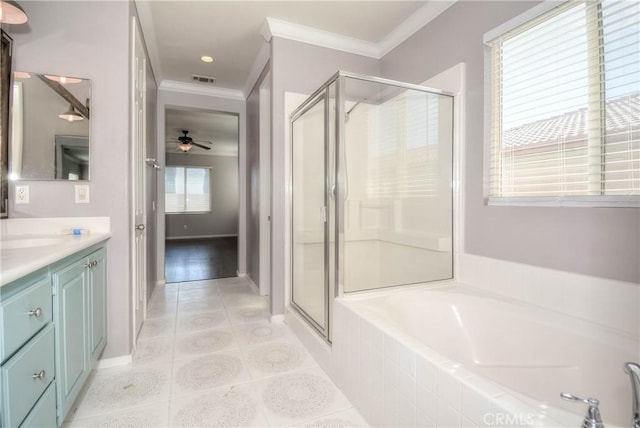 full bathroom featuring ornamental molding, a stall shower, vanity, and a bath