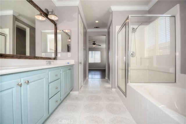 full bath with a stall shower, visible vents, crown molding, and tile patterned floors