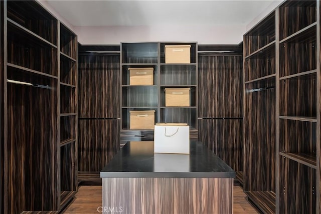 walk in closet with dark wood-style floors