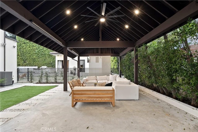 view of patio / terrace featuring an outdoor hangout area, a gazebo, and central air condition unit