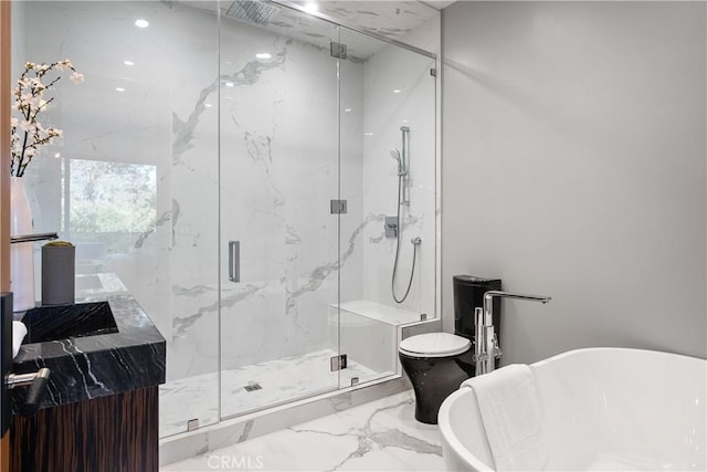 full bathroom with marble finish floor, a marble finish shower, and a freestanding bath