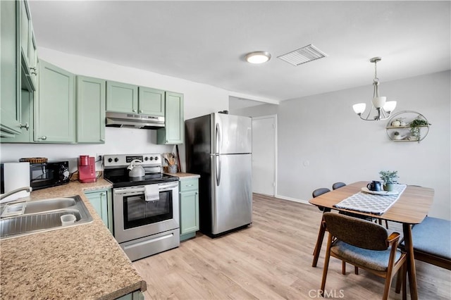 kitchen with under cabinet range hood, stainless steel appliances, a sink, visible vents, and green cabinetry