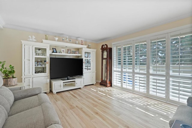 living area with light wood-style flooring and crown molding