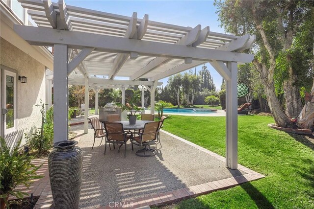 view of patio / terrace with outdoor dining area, an outdoor pool, and a pergola