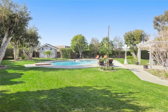 view of pool with a fenced in pool, an outbuilding, a yard, and a pergola