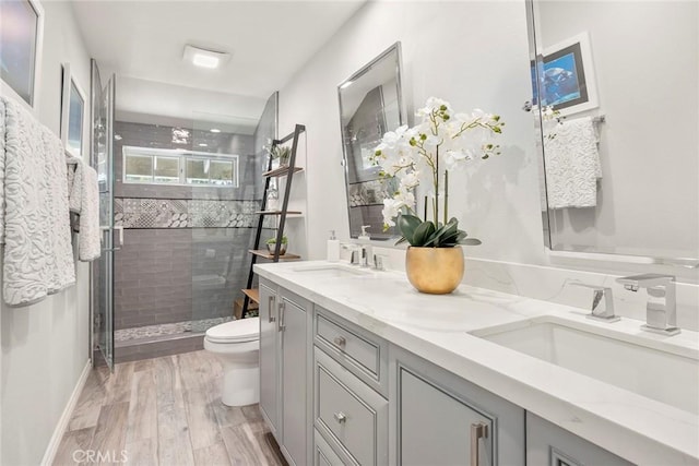 bathroom featuring toilet, a shower stall, double vanity, and a sink